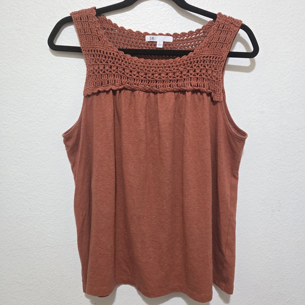 DR2 Crochet Linen Blend Sleeveless Top Ruat Orange Brown Size Large